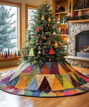 Handcrafted Prism Patch Carousel Holiday Tree Skirt - Custom Christmas Tree Skirt For Colorful Seasonal Decor