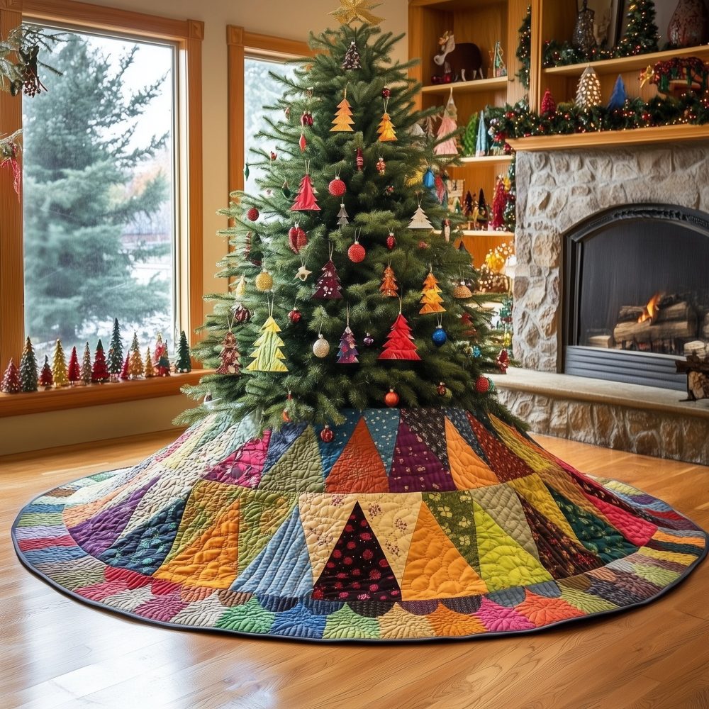 Handcrafted Prism Patch Carousel Holiday Tree Skirt - Custom Christmas Tree Skirt For Colorful Seasonal Decor