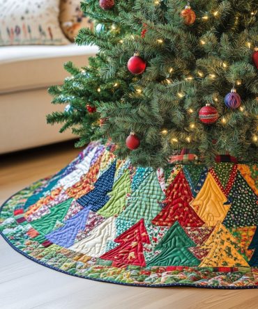 Scrap Quilt Pine Sweep Holiday Tree Skirt — Custom Handmade Quilted Christmas Tree Skirt Using Recycled Fabrics For Eclectic Style