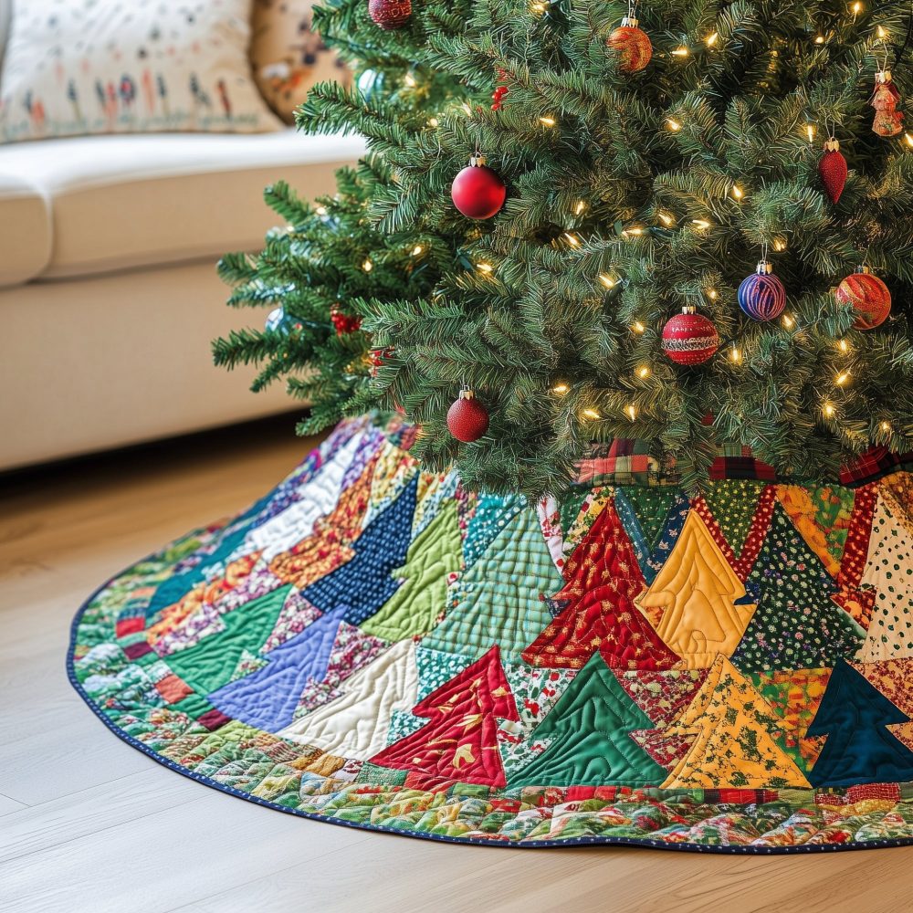 Scrap Quilt Pine Sweep Holiday Tree Skirt — Custom Handmade Quilted Christmas Tree Skirt Using Recycled Fabrics For Eclectic Style