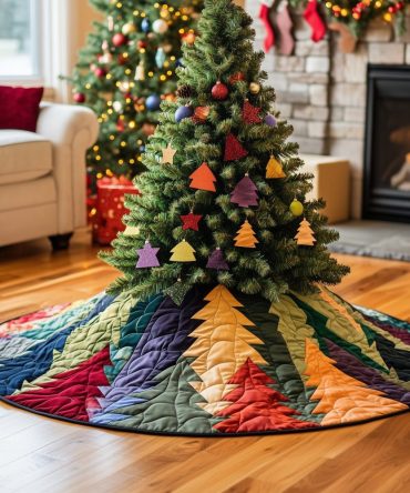 Rainbow Pine Points Quilted Tree Skirt — Vibrant Custom Made-To-Order Christmas Tree Skirt For Colorful Holiday Displays