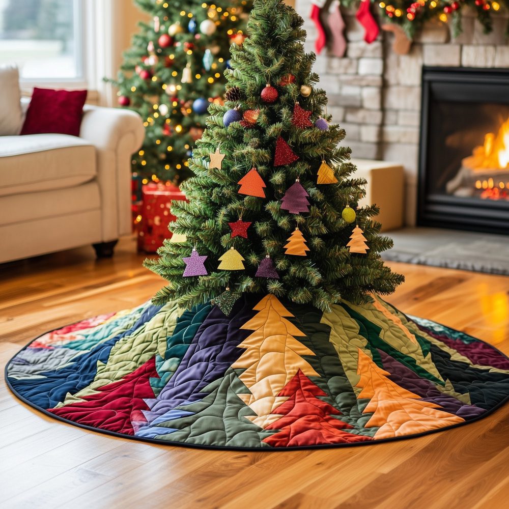 Rainbow Pine Points Quilted Tree Skirt — Vibrant Custom Made-To-Order Christmas Tree Skirt For Colorful Holiday Displays