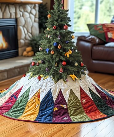 Harlequin Spire Tree Skirt On White — Custom Quilted Christmas Skirt With Geometric Tree Motifs For Modern Holiday Style