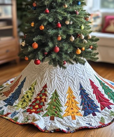 Calico Christmas Tree Skirt With Charming Trees & Scalloped Hem — Custom Quilted Holiday Skirt, Handmade To Order