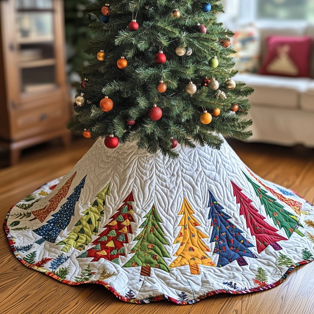 Calico Christmas Tree Skirt With Charming Trees & Scalloped Hem — Custom Quilted Holiday Skirt, Handmade To Order
