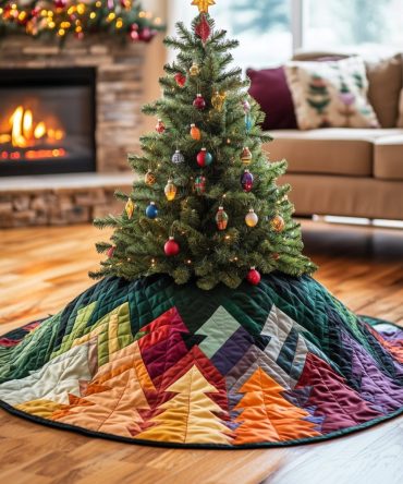 Mountain Peak Patchwork Holiday Tree Skirt — Custom Quilted Christmas Tree Skirt With Rustic Peaks For Cabin & Lodge Decor