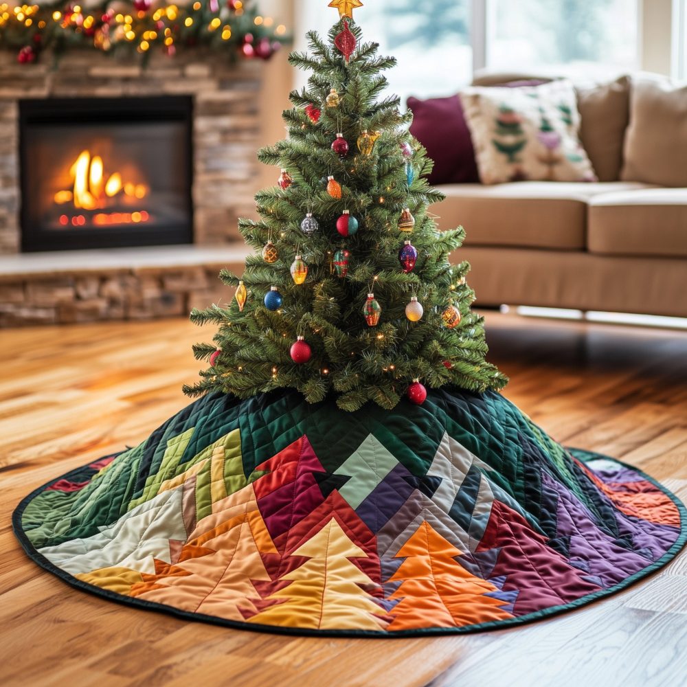 Mountain Peak Patchwork Holiday Tree Skirt — Custom Quilted Christmas Tree Skirt With Rustic Peaks For Cabin & Lodge Decor