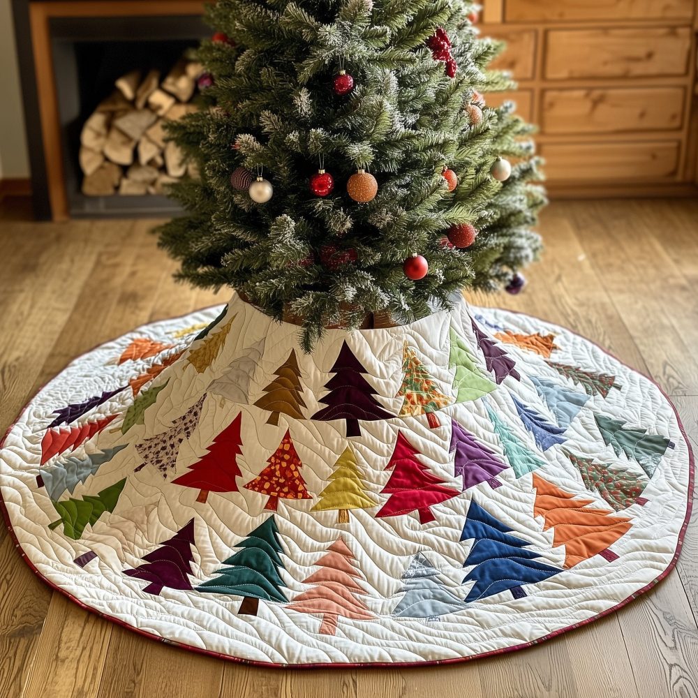 Ivory Scattered Pines Quilted Tree Skirt — Custom Made-To-Order Christmas Tree Skirt For Classic & Minimal Holiday Decor