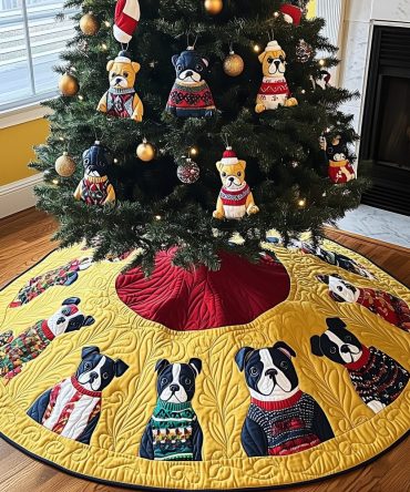 Gold Holiday Tree Skirt With Frenchies In Ugly Sweaters — Custom Quilted Christmas Tree Skirt For Fun & Festive Decor, Made To Order