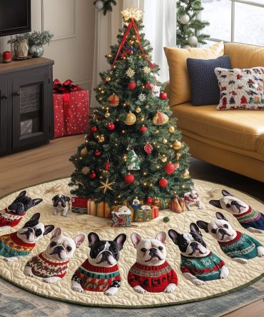 Round Quilted Tree Skirt With Sweater Frenchies — Custom Handcrafted Christmas Tree Skirt For Stylish Pet-Friendly Homes