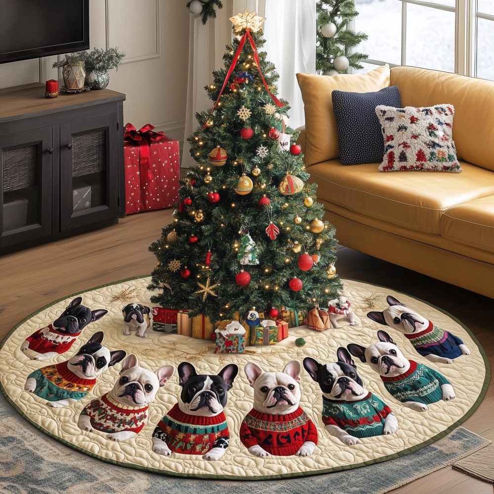 Round Quilted Tree Skirt With Sweater Frenchies — Custom Handcrafted Christmas Tree Skirt For Stylish Pet-Friendly Homes