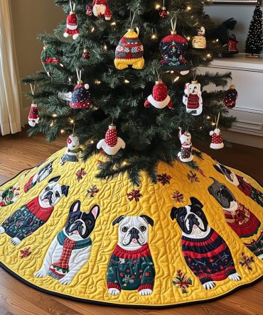 Holiday Boston Terrier Knits Quilted Tree Skirt — Custom Made-To-Order Christmas Skirt For Boston Pup Lovers & Pet Homes