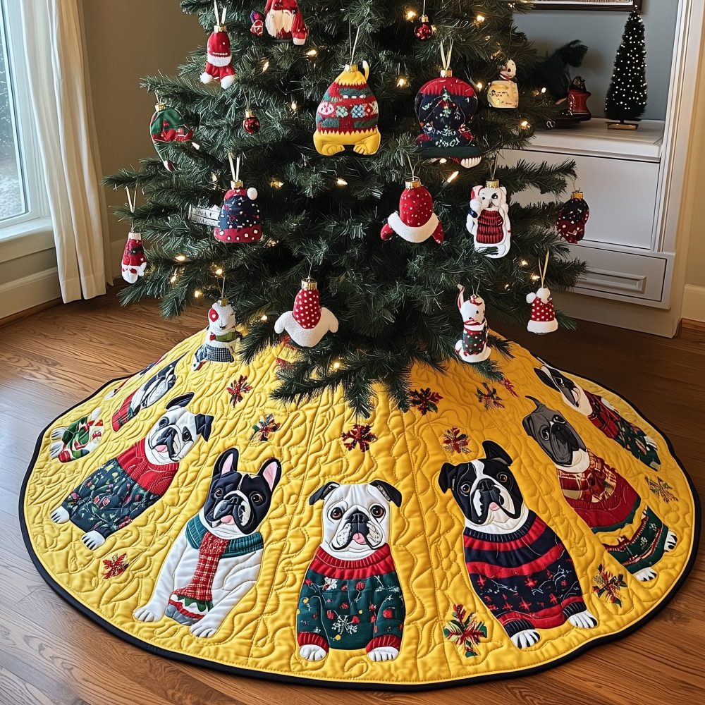 Holiday Boston Terrier Knits Quilted Tree Skirt — Custom Made-To-Order Christmas Skirt For Boston Pup Lovers & Pet Homes