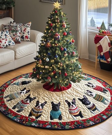 Cream Wheel Tree Skirt With Frenchie Faces — Custom Quilted Holiday Tree Skirt For French Bulldog Owners, Made To Order