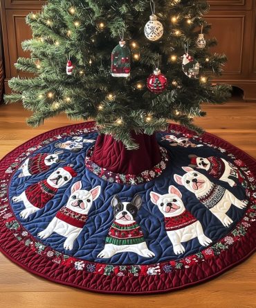 Navy Holiday Tree Skirt With French Bulldogs In Jumpers — Custom Quilted Christmas Tree Skirt For Chic Pet Decor, Made To Order
