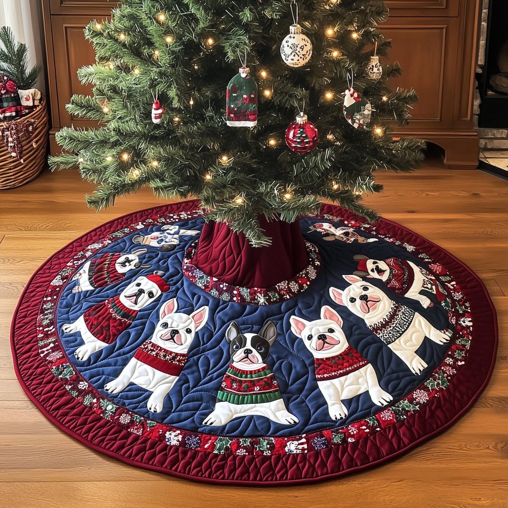 Navy Holiday Tree Skirt With French Bulldogs In Jumpers — Custom Quilted Christmas Tree Skirt For Chic Pet Decor, Made To Order