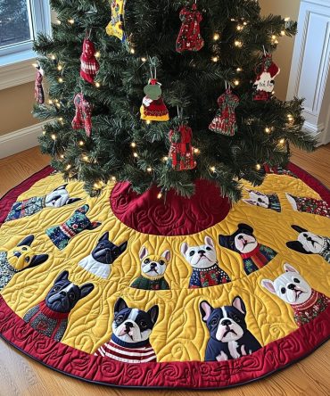 Adorable Sweater Pups On Gold Ring Holiday Tree Skirt — Custom Quilted Christmas Tree Skirt For Pet-Friendly Homes