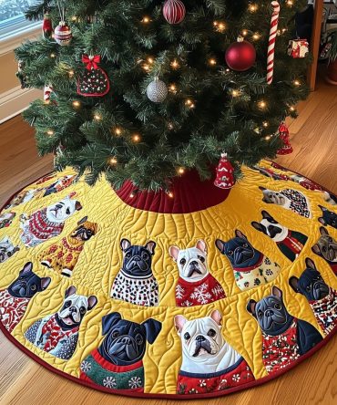 Festive Frenchies In Knitted Sweaters Holiday Tree Skirt — Custom Quilted Christmas Tree Skirt For Dog Lovers, Made To Order