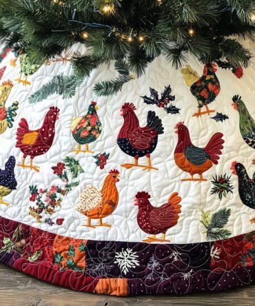 Handcrafted Folk Hens & Flower Border Holiday Tree Skirt — Custom Quilted Christmas Tree Skirt For Country & Cottage Decor