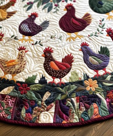 Handmade Patchwork Holiday Tree Skirt With Roosters & Blooms — Custom Made-To-Order Christmas Tree Skirt For Farmhouse Style