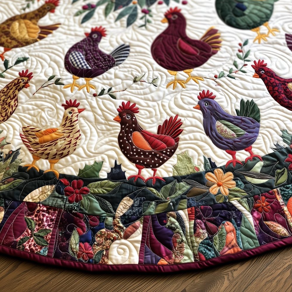 Handmade Patchwork Holiday Tree Skirt With Roosters & Blooms — Custom Made-To-Order Christmas Tree Skirt For Farmhouse Style