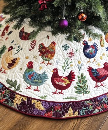 Ivory Hens & Holly Tree Skirt — Elegant Quilted Christmas Skirt With Holly Accents And Hen Motif, Custom Handmade For Timeless Decor