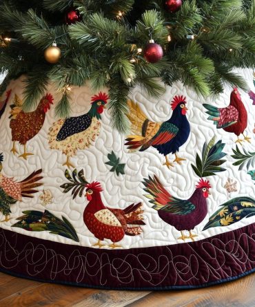 Snow White Rooster Flock Tree Skirt — Crisp Quilted Holiday Skirt With Rooster Motif, Custom Handmade For Classic Seasonal Style