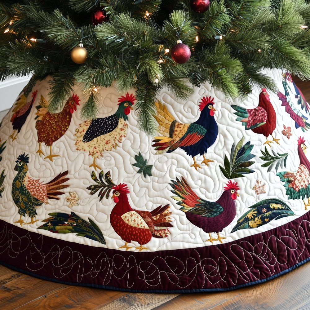 Snow White Rooster Flock Tree Skirt — Crisp Quilted Holiday Skirt With Rooster Motif, Custom Handmade For Classic Seasonal Style
