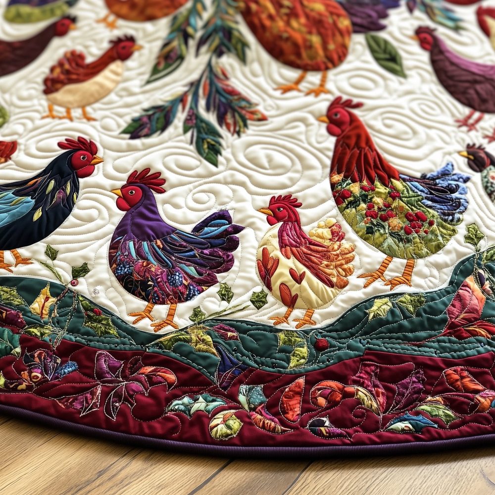Calico Rooster Pair Christmas Tree Skirt — Classic Quilted Skirt With Rooster Motif, Custom Sizes And Vintage-Inspired Charm