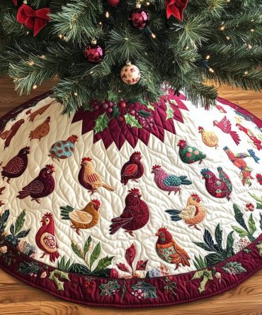 Berry Hem Hen Yard Tree Skirt — Charming Quilted Skirt With Berry Border, Custom Handmade For Warm Holiday Tablescapes