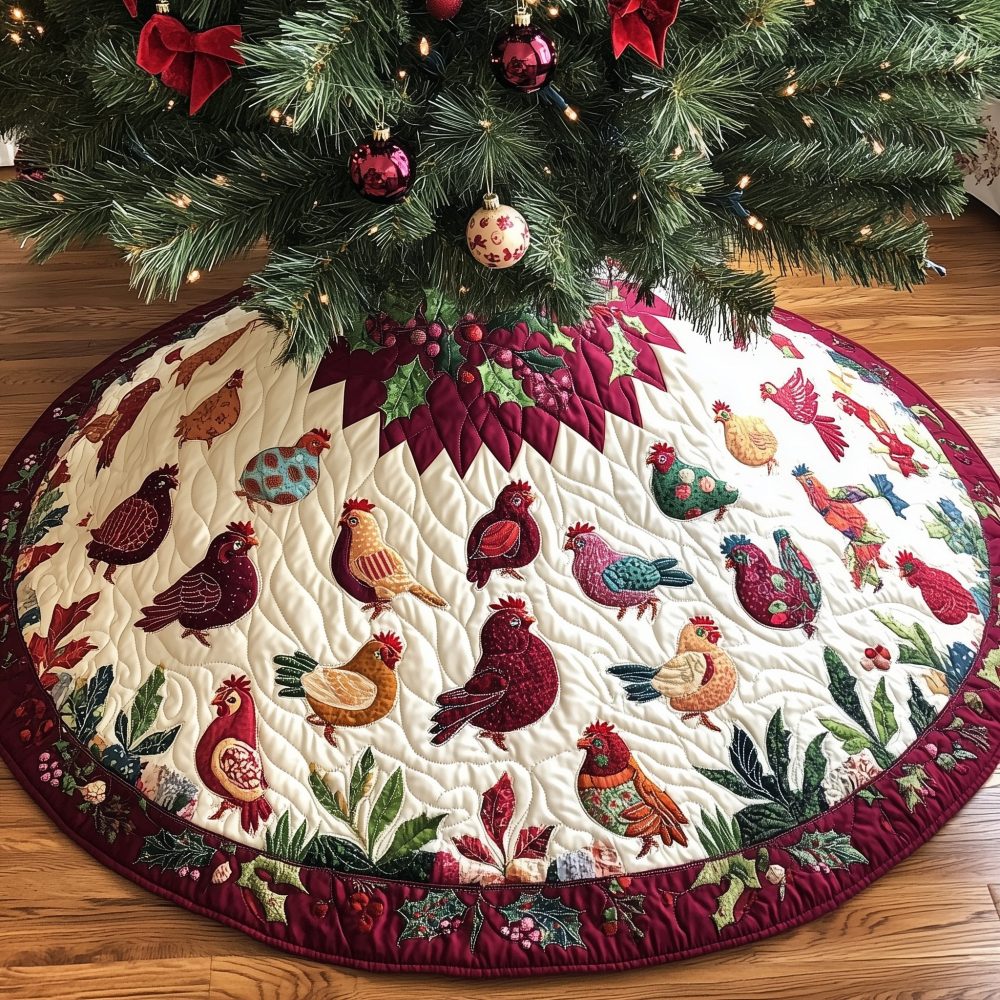 Berry Hem Hen Yard Tree Skirt — Charming Quilted Skirt With Berry Border, Custom Handmade For Warm Holiday Tablescapes