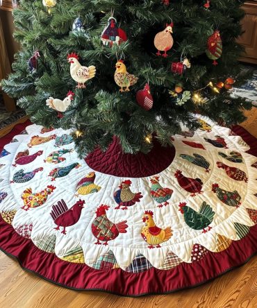 Songbird Hens Leaf Motif Tree Skirt — Handmade Quilted Holiday Skirt With Leaf Appliqué, Custom Sizes For Nature-Inspired Decor