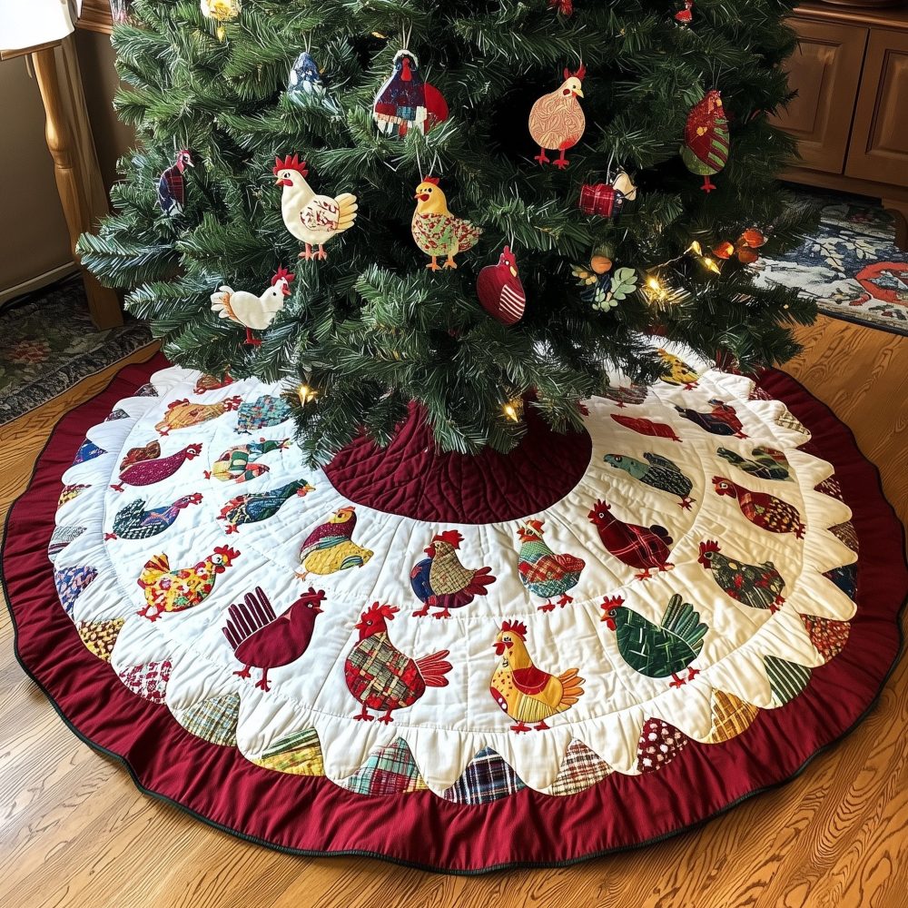 Songbird Hens Leaf Motif Tree Skirt — Handmade Quilted Holiday Skirt With Leaf Appliqué, Custom Sizes For Nature-Inspired Decor