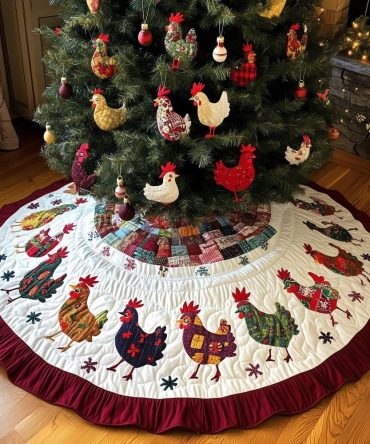 Ruffle-Trim Chicken Run Christmas Tree Skirt — Handmade Quilted Skirt With Playful Ruffle Edge, Custom Sizing For Festive Style