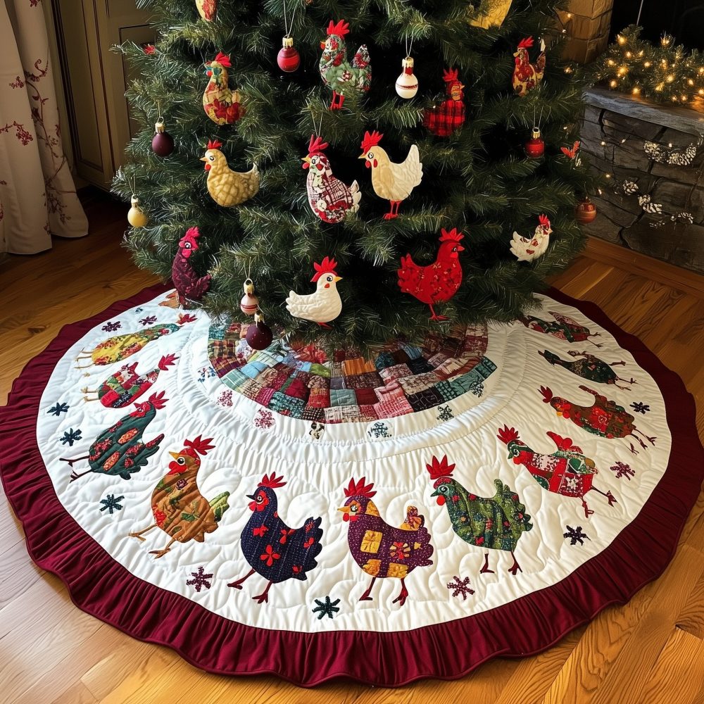Ruffle-Trim Chicken Run Christmas Tree Skirt — Handmade Quilted Skirt With Playful Ruffle Edge, Custom Sizing For Festive Style