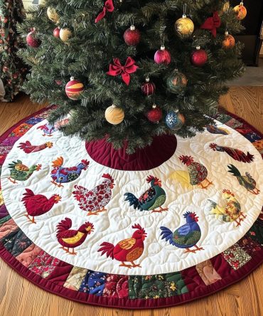 Patch Sash Hens Parade Tree Skirt — Festive Quilted Chicken Skirt With Patchwork Sashes, Handmade Custom Sizes For Cozy Holidays