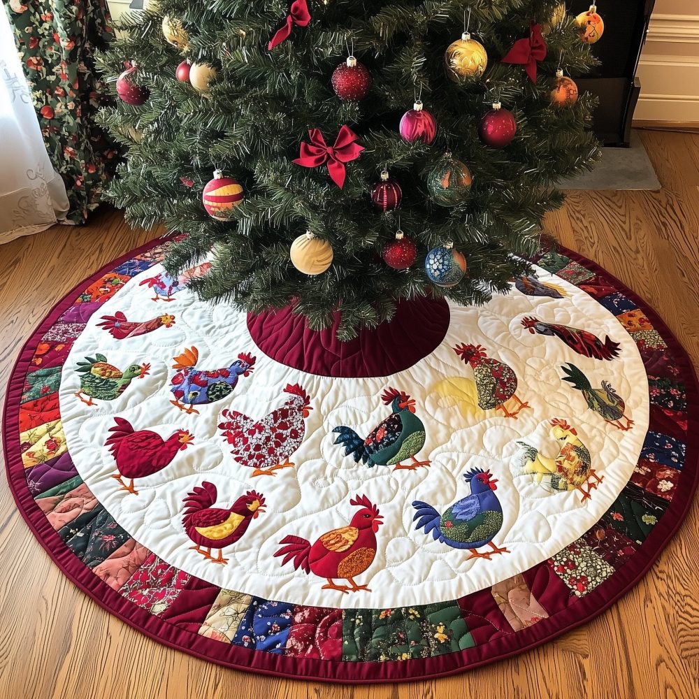 Patch Sash Hens Parade Tree Skirt — Festive Quilted Chicken Skirt With Patchwork Sashes, Handmade Custom Sizes For Cozy Holidays