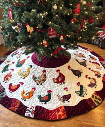 Scalloped Hen Ring Holiday Tree Skirt — Charming Handcrafted Cotton Skirt With Scallop Edge, Custom Sizes For Festive Kitchens