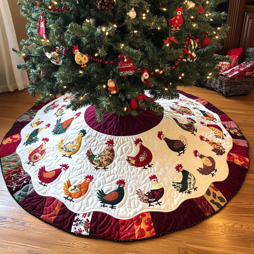Scalloped Hen Ring Holiday Tree Skirt — Charming Handcrafted Cotton Skirt With Scallop Edge, Custom Sizes For Festive Kitchens