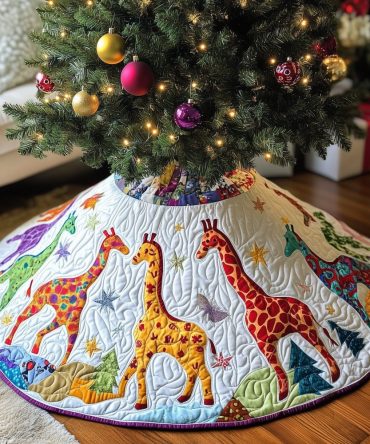 Meadow Trio Giraffe Christmas Tree Skirt — Elegant Hemmed Quilted Skirt, Custom Sizes, Handcrafted Animal Holiday Decor