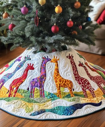 Colorful Rainbow Giraffe Herd Tree Skirt — Vibrant Quilted Christmas Skirt, Custom Handmade For Joyful Holiday Displays