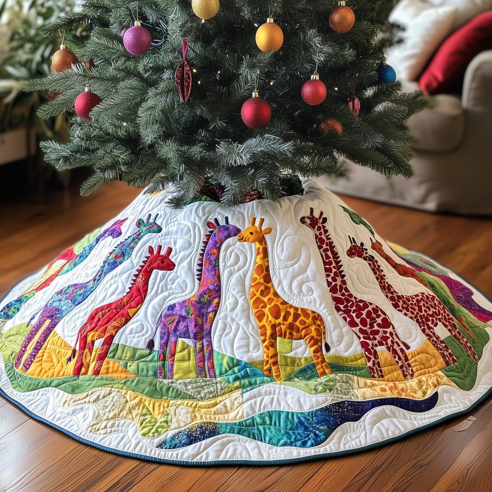 Colorful Rainbow Giraffe Herd Tree Skirt — Vibrant Quilted Christmas Skirt, Custom Handmade For Joyful Holiday Displays