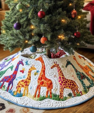 Calico Star Giraffe Holiday Tree Skirt — Patchwork Quilted Round Skirt, Custom Handmade Accent For Festive Living Rooms