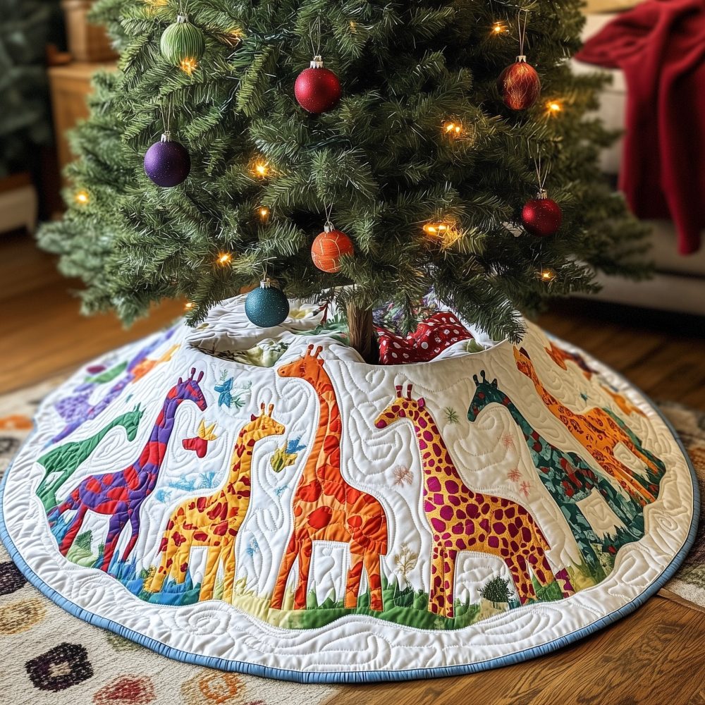 Calico Star Giraffe Holiday Tree Skirt — Patchwork Quilted Round Skirt, Custom Handmade Accent For Festive Living Rooms