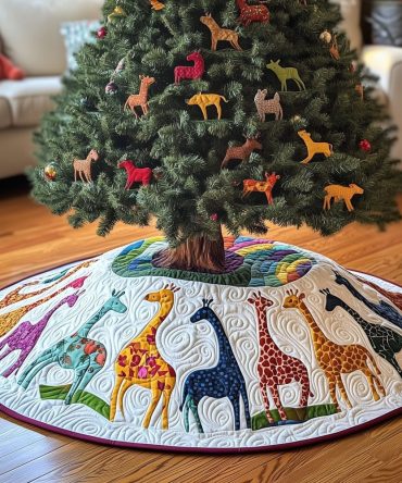 Giraffe Family Trunk-Round Tree Skirt — Personalized Quilted Christmas Accent, Soft Lining, Custom Sizes For Holiday Décor