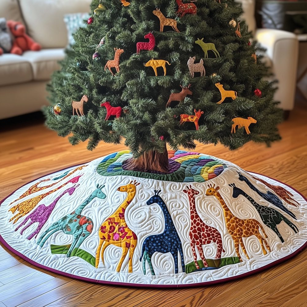 Giraffe Family Trunk-Round Tree Skirt — Personalized Quilted Christmas Accent, Soft Lining, Custom Sizes For Holiday Décor