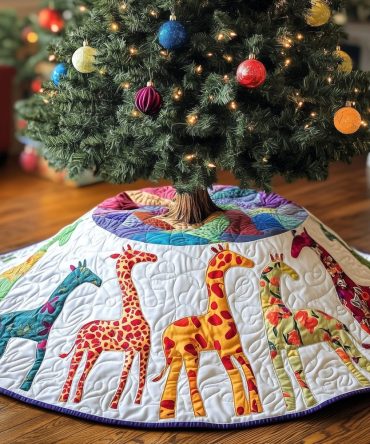 Bright Block Patch Giraffes Holiday Tree Skirt — Modern Patchwork Christmas Skirt With Colorful Giraffe Blocks, Handcrafted & Made-To-Order Sizes