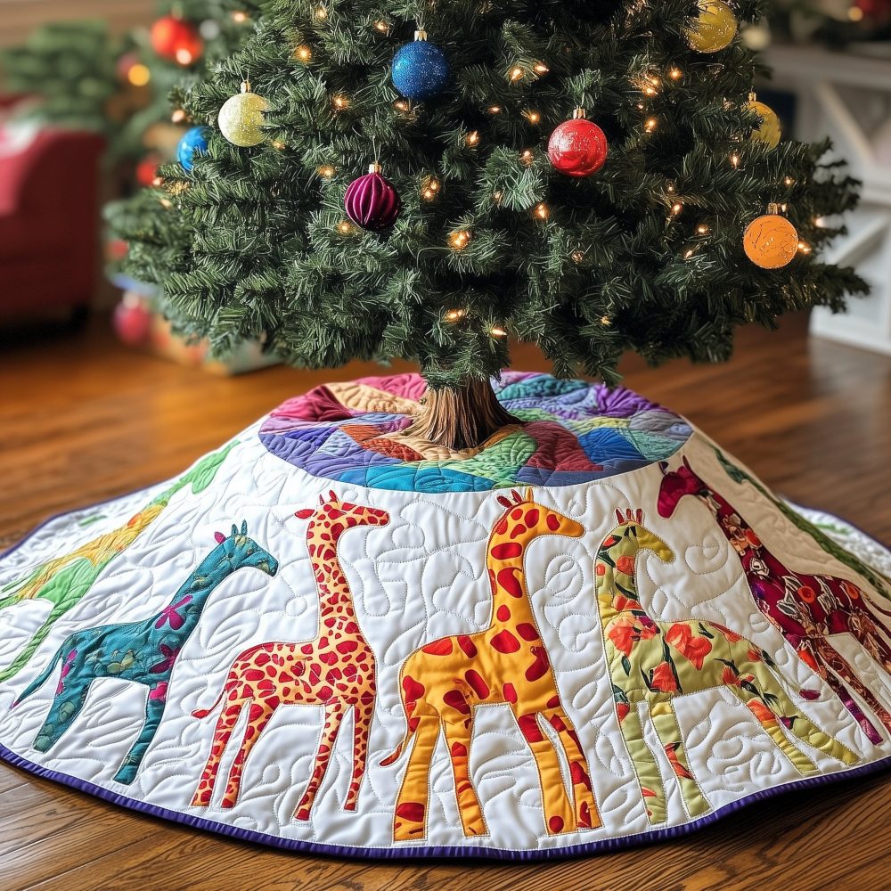 Bright Block Patch Giraffes Holiday Tree Skirt — Modern Patchwork Christmas Skirt With Colorful Giraffe Blocks, Handcrafted & Made-To-Order Sizes