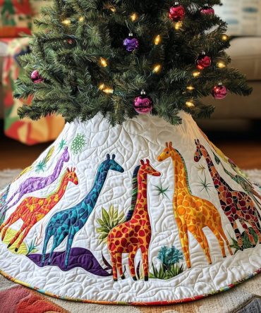 Handmade Snowy Safari Giraffe Christmas Tree Skirt — Soft Quilted Round Skirt, Custom Size Options, Festive Animal Décor
