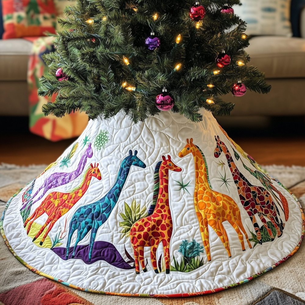Handmade Snowy Safari Giraffe Christmas Tree Skirt — Soft Quilted Round Skirt, Custom Size Options, Festive Animal Décor